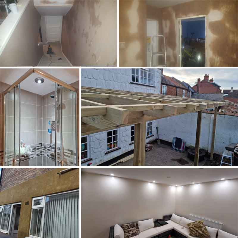 Showing a montage of different construction, plastering and plumbing jobs